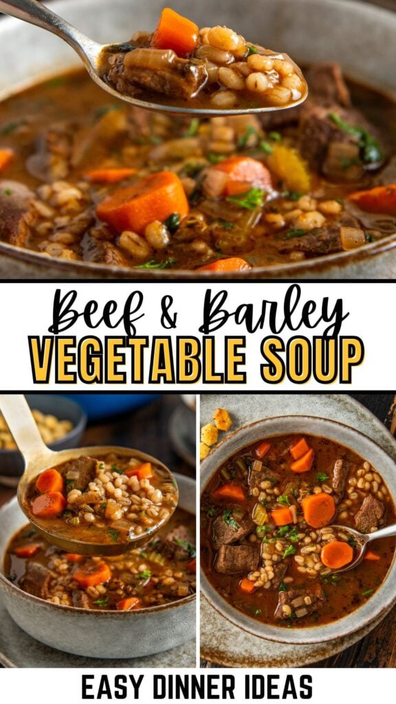 A collage showcases beef and barley vegetable soup with chunks of beef, carrots, and barley in a rich broth, served in a bowl and on a spoon.
