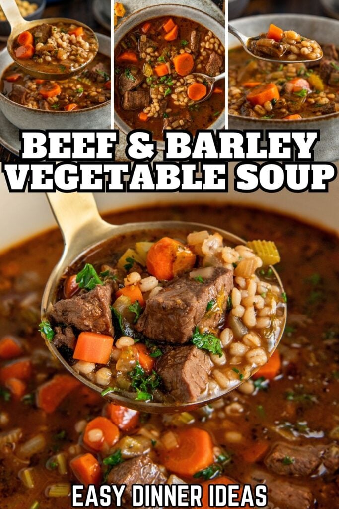 A collage shows close-up shots of beef and barley vegetable soup with chunks of beef, carrots, celery, and barley.