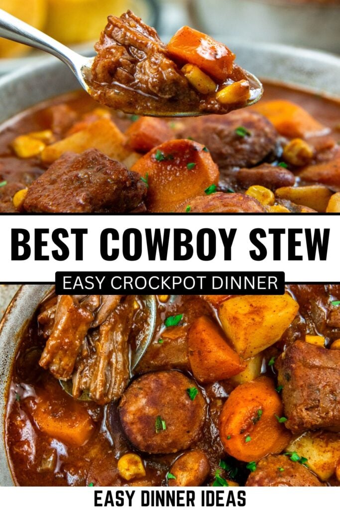 Close-up of a hearty cowboy stew with chunks of beef, sausage, potatoes, carrots, and corn in a rich sauce, shown both in a spoon and in a bowl.