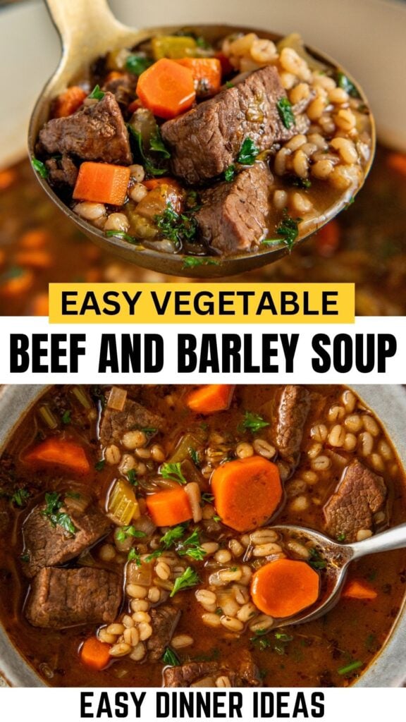 Close-up of a spoonful of beef and barley soup with chunks of beef, carrots, celery, barley, and parsley. Below, a bowl of the same hearty soup.