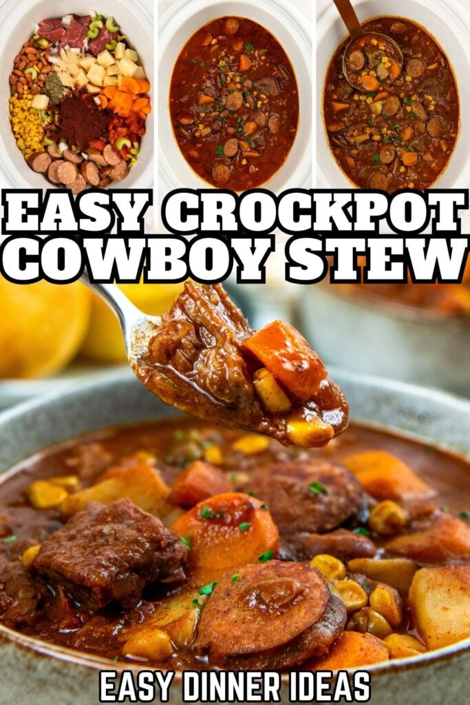 A collage shows ingredients for cowboy stew in a slow cooker, then cooked stew, and a close-up of a spoonful of hearty beef stew with vegetables.