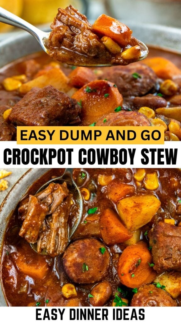 A close-up of a hearty crockpot beef stew with chunks of beef, carrots, potatoes, and corn in a thick broth.