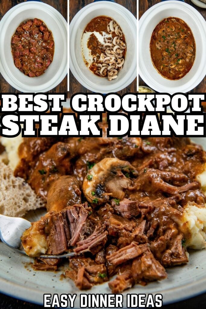 Three photos show stages of making Steak Diane in a crockpot: seasoned steak, steak with mushrooms and sauce, and finished dish. Below, a plate of tender steak in rich sauce is served over mashed potatoes.