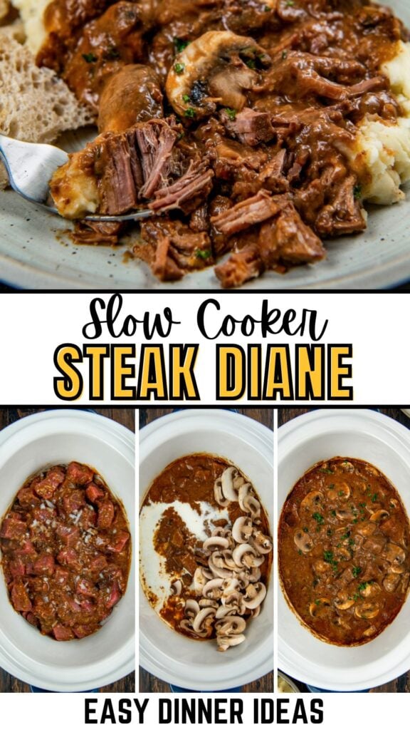 A plate of tender shredded beef with brown gravy over mashed potatoes, plus a step-by-step collage showing beef, sauce, and mushrooms in a slow cooker.