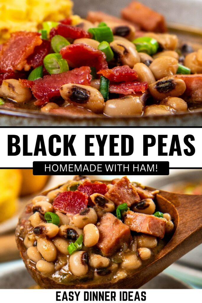 Close-up of a bowl of homemade black eyed peas with ham, bacon, and green onions, served with a wooden spoon.