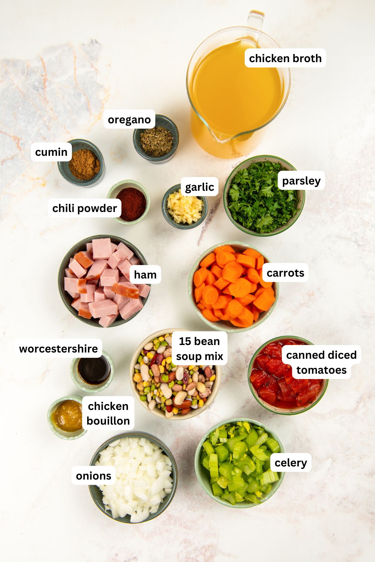 Top-down view of labeled ingredients for 15 bean soup recipe in bowls: chicken broth, parsley, carrots, canned diced tomatoes, celery, onions, ham, 15 bean soup mix, Worcestershire, chicken bouillon, garlic, chili powder, cumin, and oregano.
