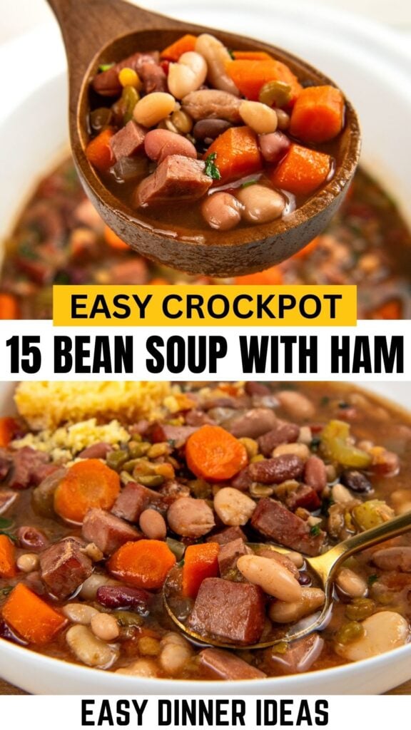 A wooden spoon lifts 15 bean soup with diced ham, carrots, and beans from a bowl. Below, a close-up of the soup in a bowl.