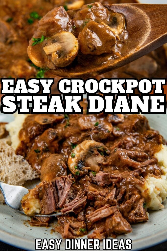 Close-up of Crockpot Steak Diane with mushrooms in a rich brown sauce. A plate shows the dish served over mashed potatoes with bread on the side.