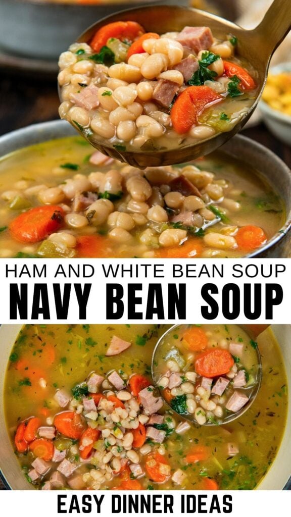 A close-up of navy bean soup with white beans, carrots, ham, and fresh herbs in a bowl, with a spoon lifting a portion.