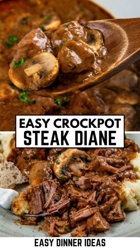 A wooden spoon holds a serving of Crockpot Steak Diane with mushrooms and sauce; below, the dish is served over mashed potatoes, showcasing tender beef and rich gravy.