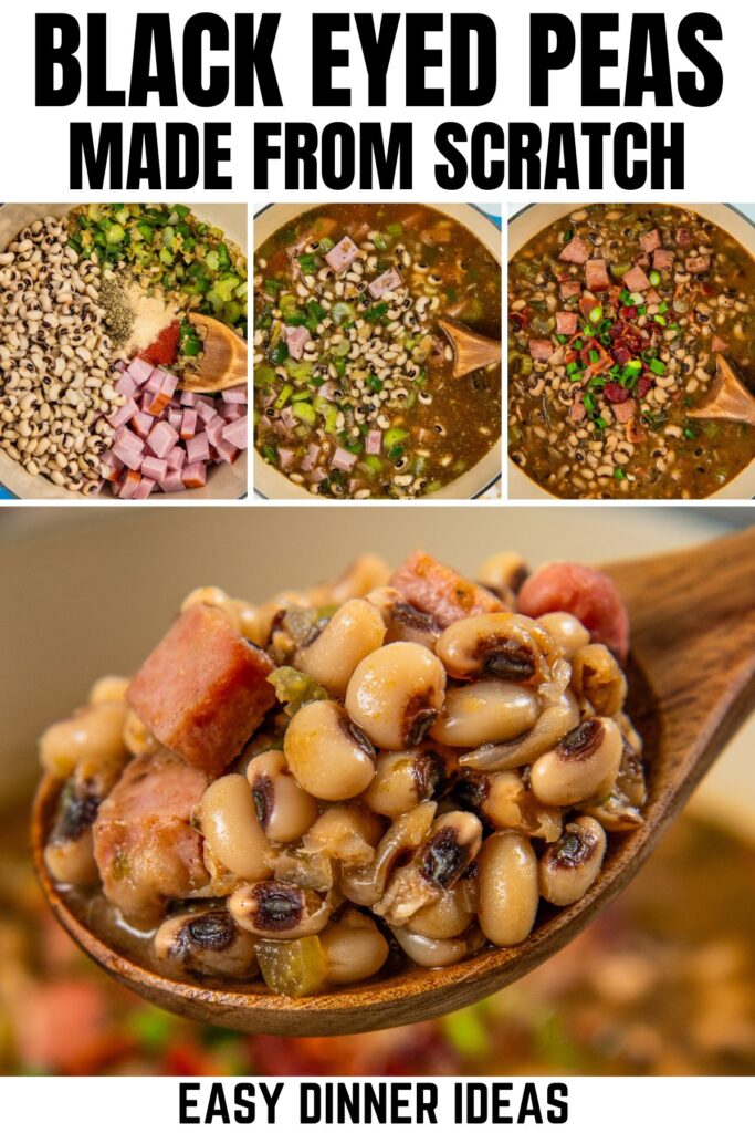 Three images show black eyed peas being cooked with ham, spices, and vegetables. A close-up of a wooden spoon displays the finished beans.