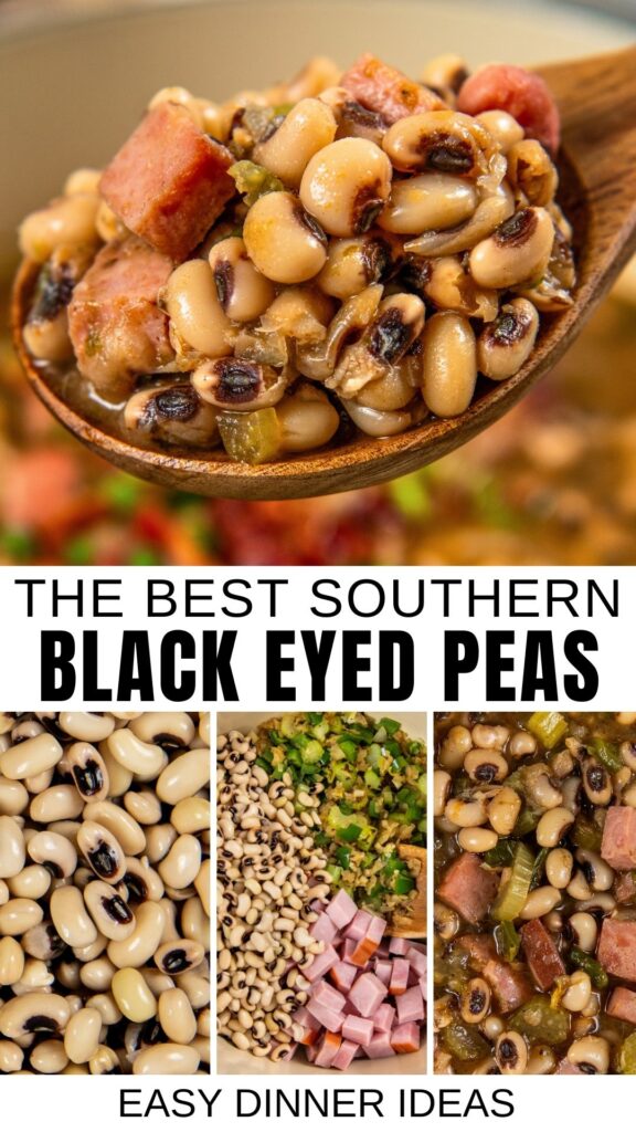 A wooden spoon holds cooked black eyed peas with ham and vegetables. Below, three images show dried black eyed peas, diced ham with peas and chopped herbs, and a close-up of the finished dish.