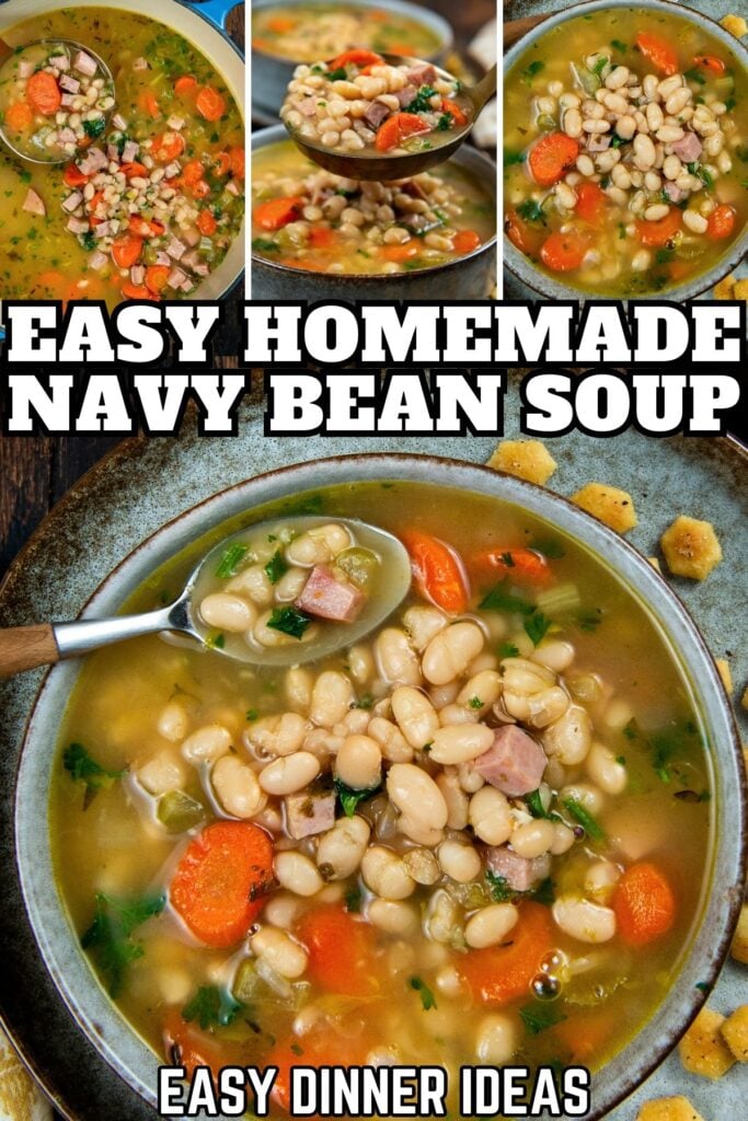 Overhead photos of navy bean and ham soup with carrots, ham, and herbs in a bowl with a spoon and crackers.