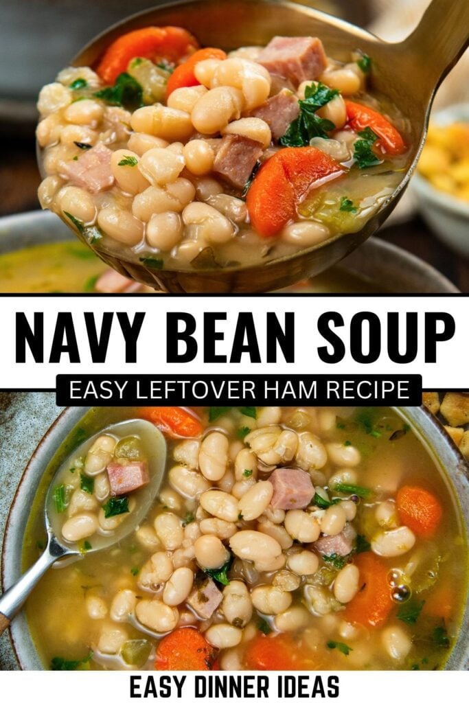 A ladle of navy bean and ham soup with carrots and herbs is shown above a bowl of the soup.