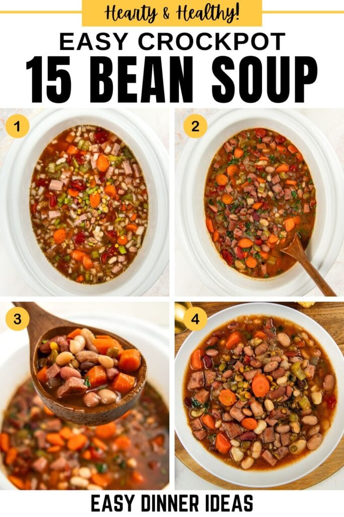 A collage showing an easy crockpot 15 bean soup with beans, carrots, celery, tomatoes, and ham, displayed in bowls and a ladle.