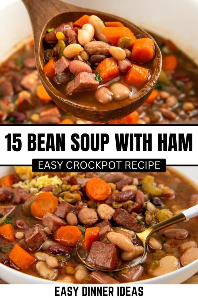 A close-up of a bowl of 15 bean soup with ham, carrots, and beans. A wooden spoon lifts a portion of the soup.