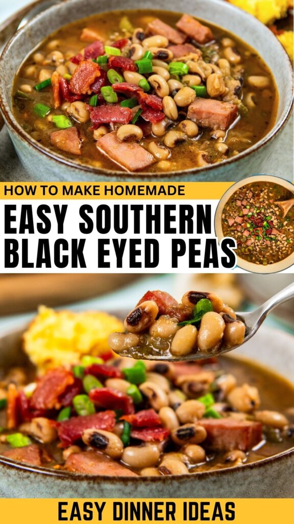 A bowl of Southern black eyed peas with ham, bacon, green onions, served with a side of cornbread.