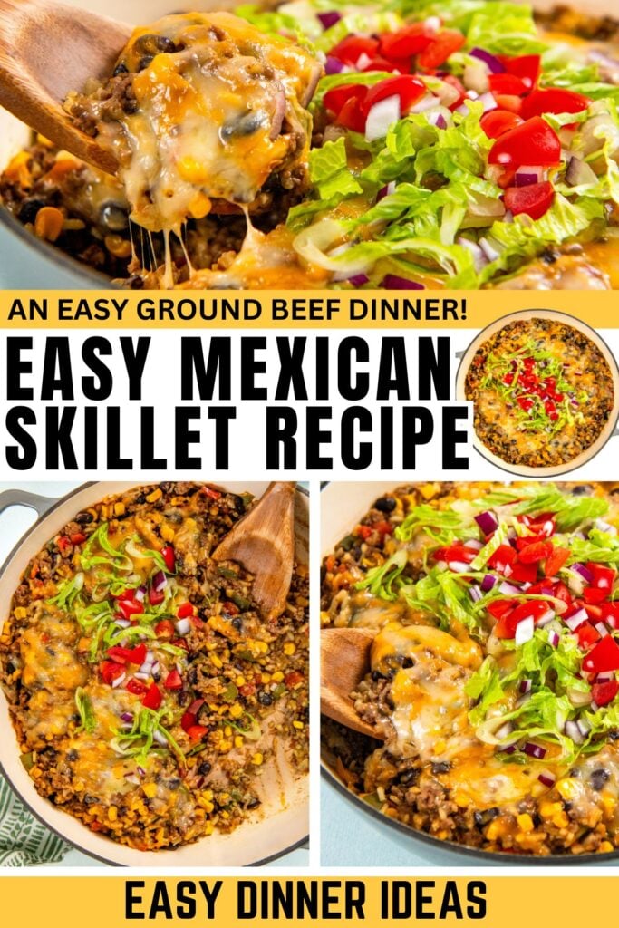 A cheesy Mexican ground beef skillet topped with lettuce, tomatoes, and onions, shown being scooped and served.