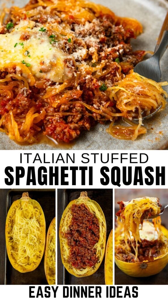 Close-up of cheesy Italian stuffed spaghetti squash with meat sauce, followed by three step-by-step images: cooked squash strands, squash filled with meat sauce, and a fork lifting a cheesy bite.