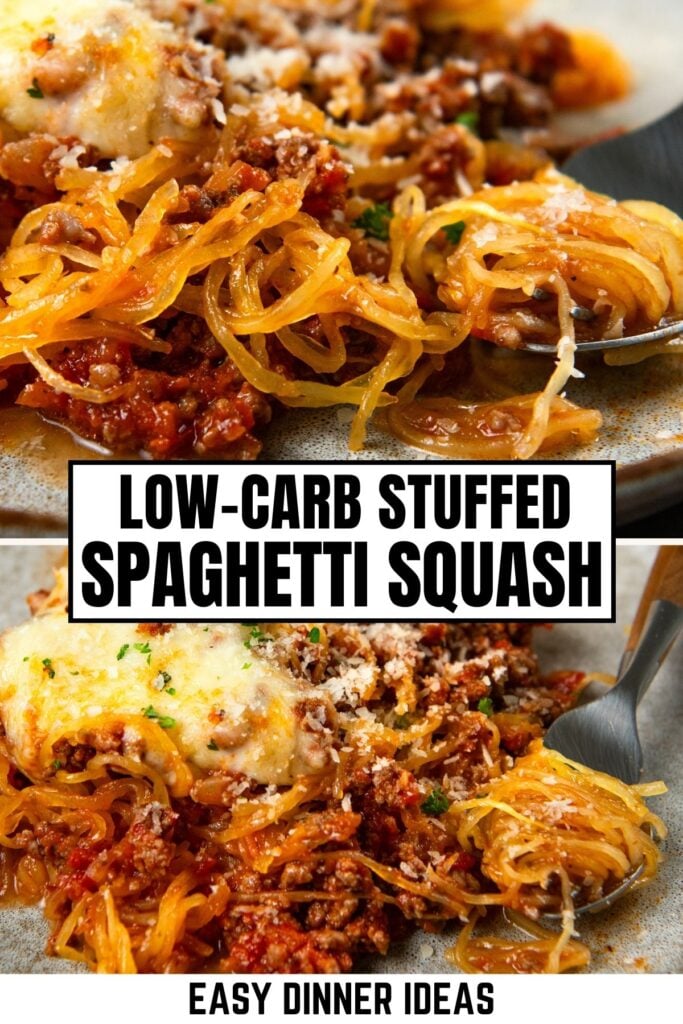 A close-up of baked spaghetti squash stuffed with a savory meat sauce and melted cheese, served on a plate.