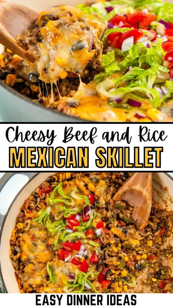 A skillet filled with cheesy Mexican beef and rice skillet topped with melted cheese, shredded lettuce, tomatoes, and onions; wooden spoons are serving portions.