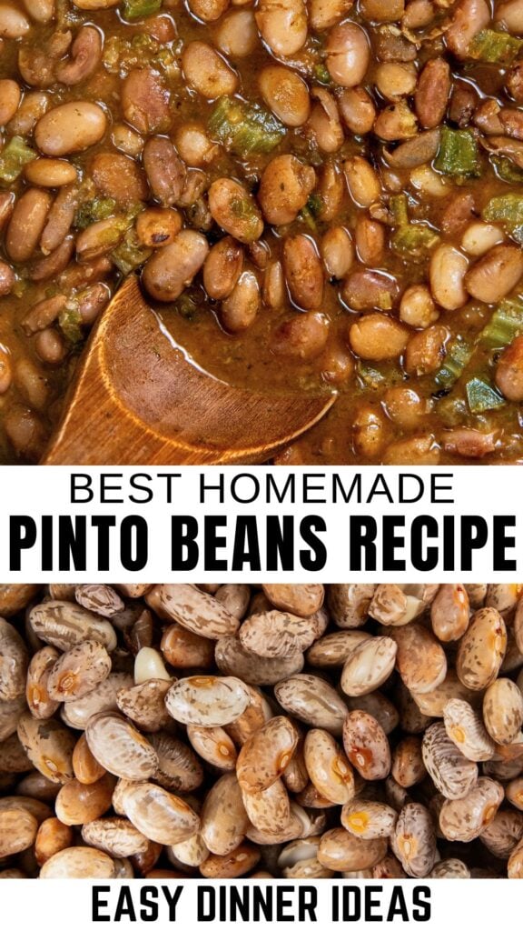 Top image: Homemade pinto beans in sauce with a wooden spoon. Bottom image: Close-up of dry pinto beans.