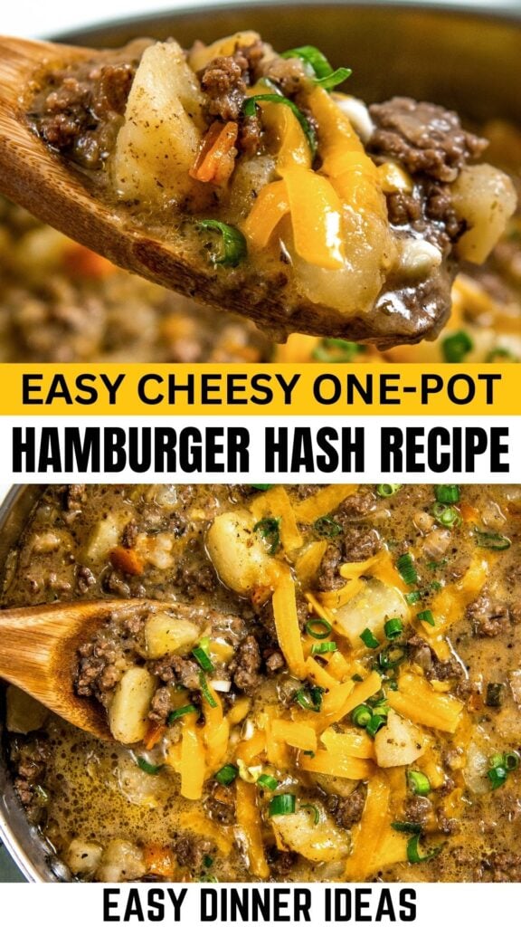 Close-up of a wooden spoon scooping cheesy hamburger hash with potatoes, ground beef, melted cheese, and green onions from a pot.