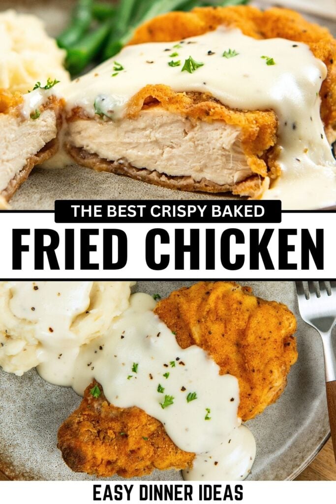 Close-up of crispy baked fried chicken breast slices topped with creamy white gravy, served with mashed potatoes.