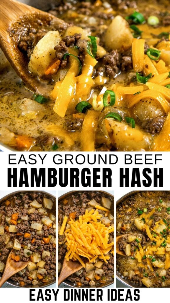 A wooden spoon scoops cheesy hamburger hash with potatoes and green onions. Three step-by-step images below show the cooking process.