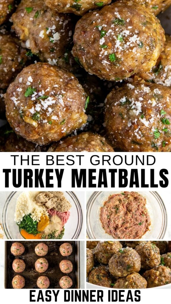 Close-up of baked turkey meatballs garnished with herbs and cheese, with step-by-step photos showing ingredients, mixed meat, meatballs on a baking tray, and finished meatballs.