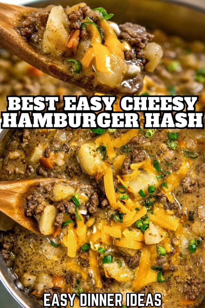 A close-up of a cheesy hamburger hash in a pan, with ground beef, potatoes, melted cheese, and chopped green onions, served on a wooden spoon.