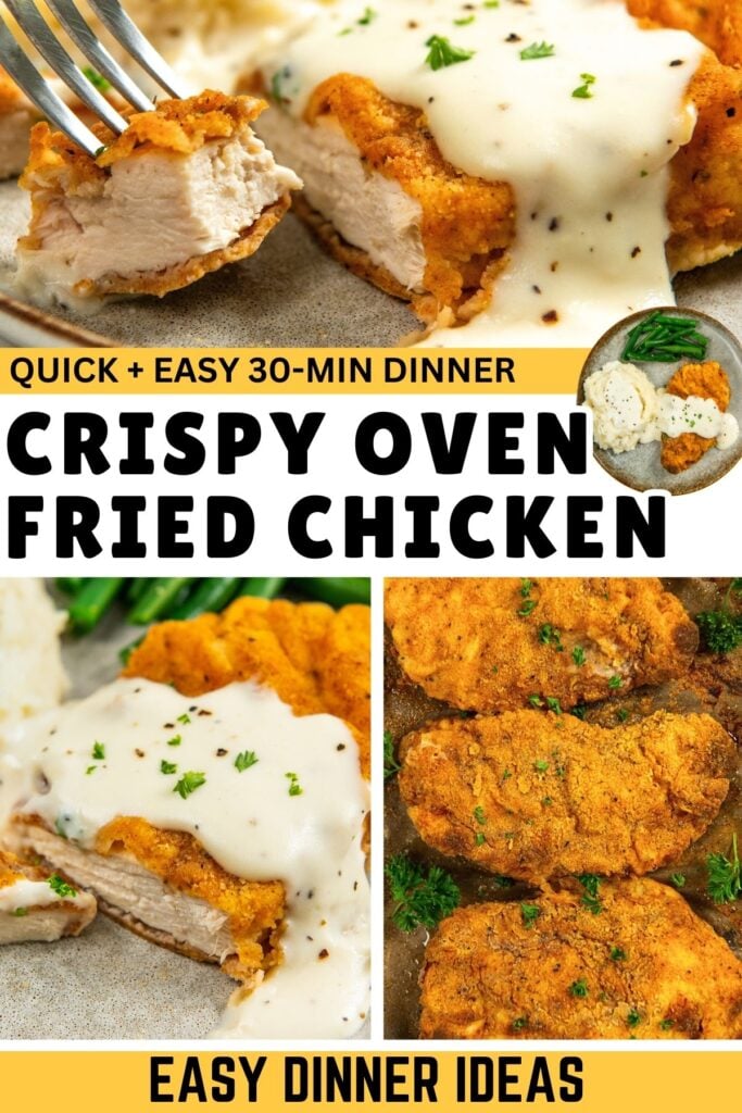 Collage of crispy oven baked fried chicken cutlets topped with creamy white gravy and on a baking sheet garnished with parsley.