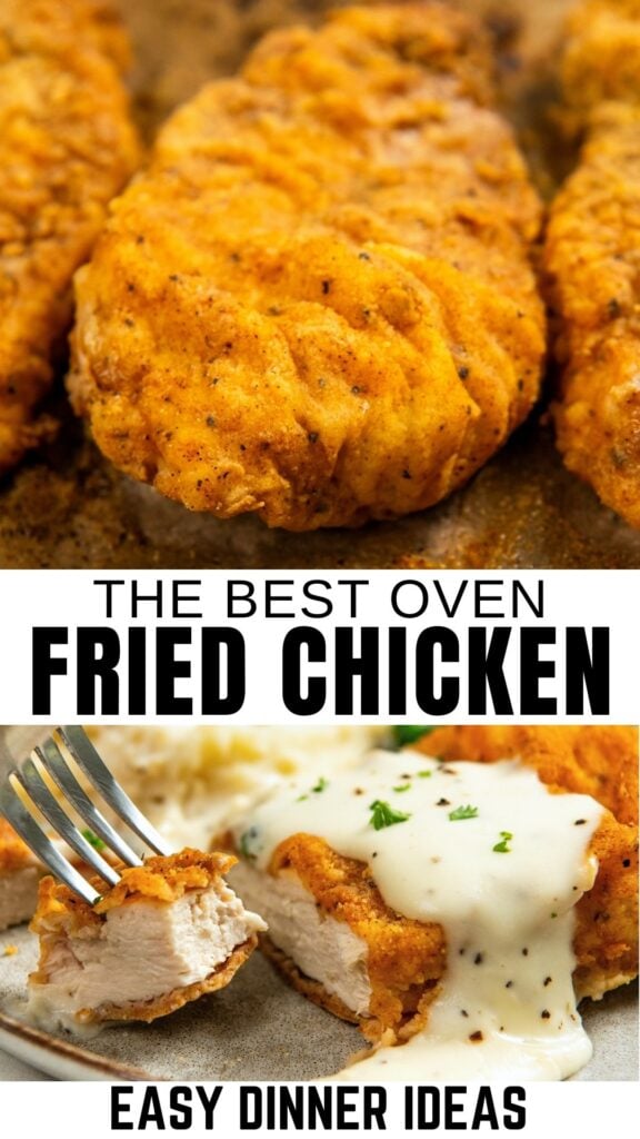 Close-up of golden, crispy baked fried chicken pieces on a tray, with a piece cut open on a plate and topped with creamy white gravy.
