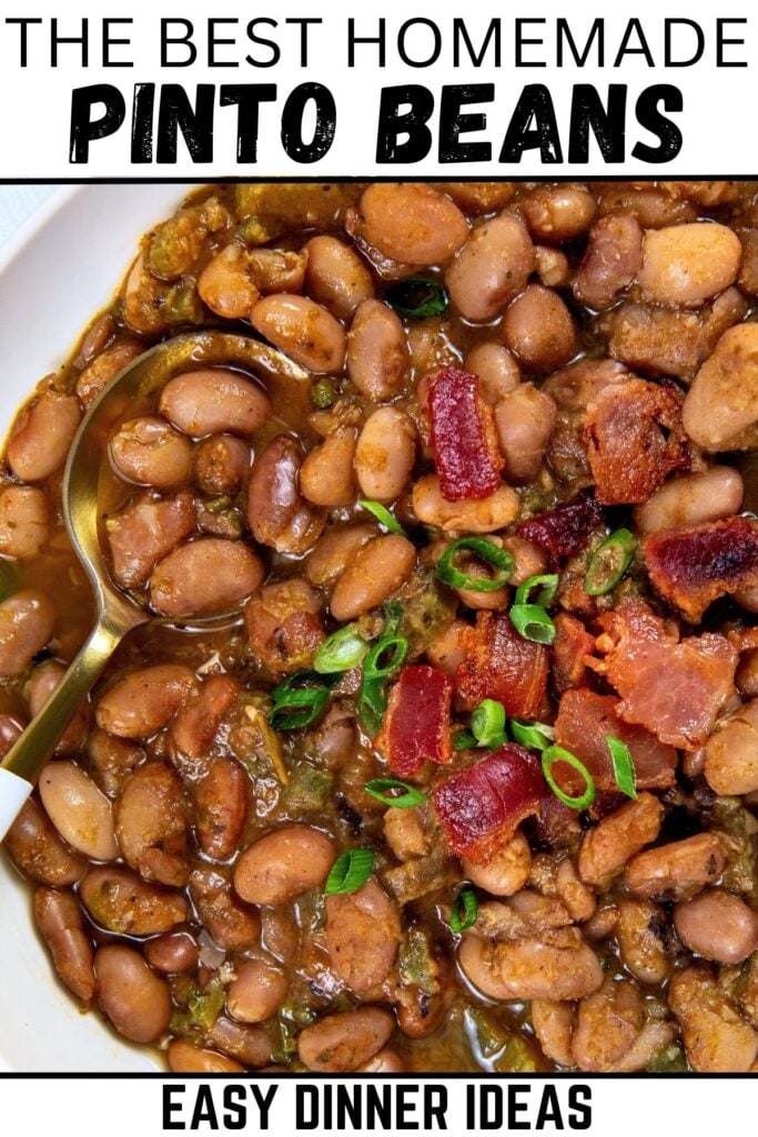 A bowl of homemade pinto beans topped with chopped green onions and crispy bacon pieces, with a spoon in the bowl.