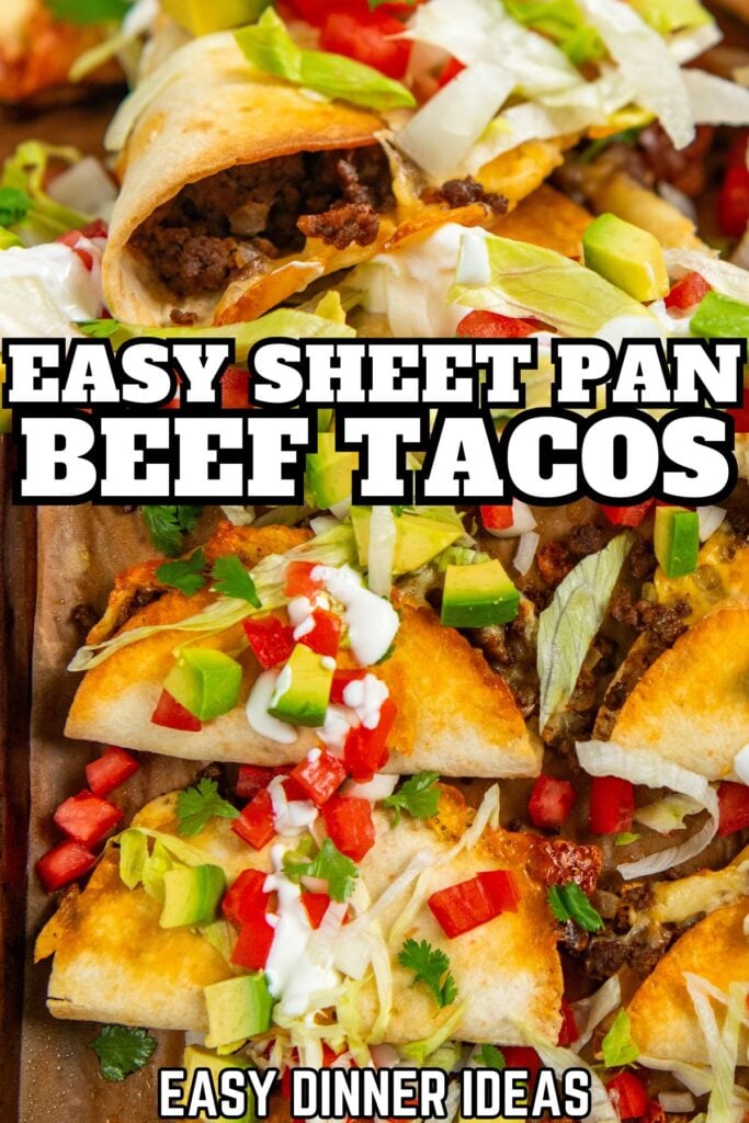 Sheet pan beef tacos topped with diced avocado, tomato, lettuce, and sour cream.