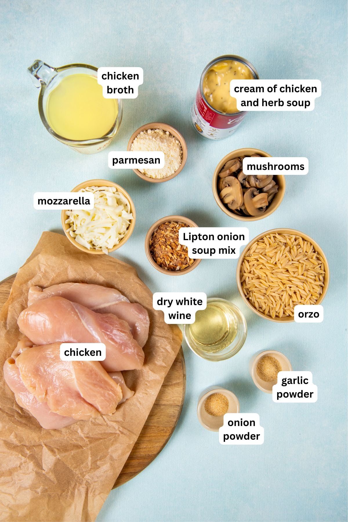 This dump-and-bake Chicken Orzo Bake is creamy and cheesy with serious flavor in every bite. One dish, simple ingredients, huge flavor! Flat lay of ingredients for chicken orzo bake recipe on a light blue surface including raw chicken breasts, chicken broth, cream of chicken soup, grated parmesan, sliced mushrooms, shredded mozzarella, orzo pasta, dry Lipton onion soup mix, dry white wine, onion powder, and garlic powder.