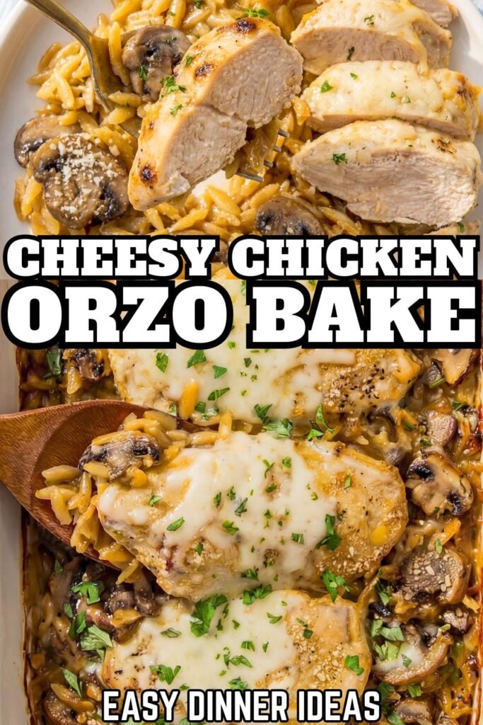 A casserole dish filled with cheesy chicken orzo bake, topped with melted cheese, sliced chicken, mushrooms, and herbs.