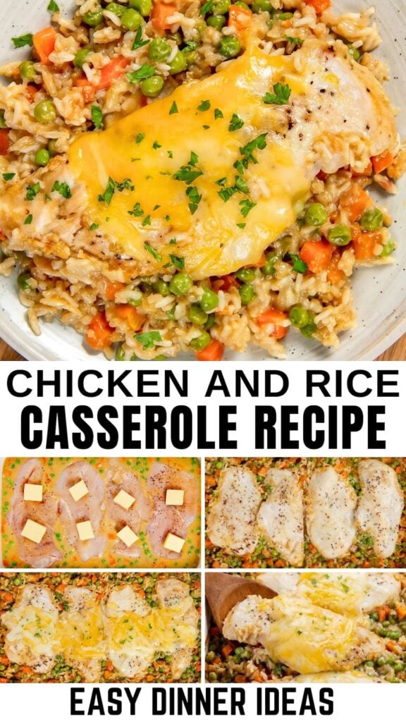 A serving of cheesy chicken and rice casserole with peas and carrots. Below are four step-by-step images showing chicken with butter, then the baked chicken casserole topped with cheese.