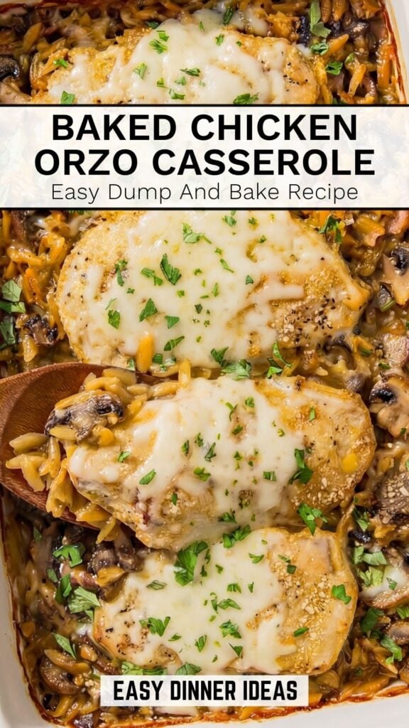 A baked chicken orzo casserole topped with melted cheese and chopped parsley, shown in a baking dish with a serving spoon.