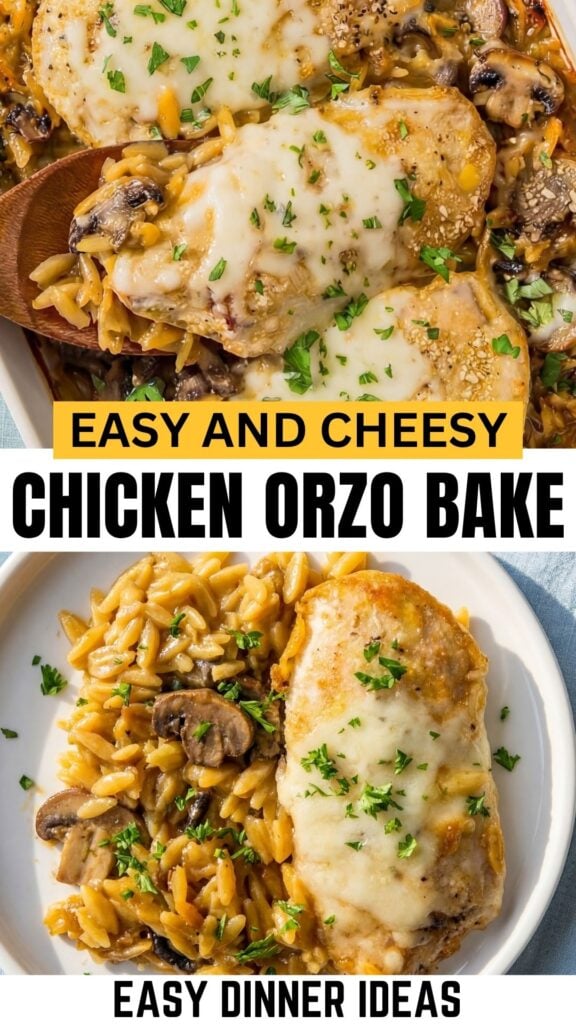 Top: Cheesy baked chicken breasts with orzo, mushrooms, and herbs in a pan. Bottom: A serving of chicken and orzo with mushrooms on a white plate, garnished with parsley.