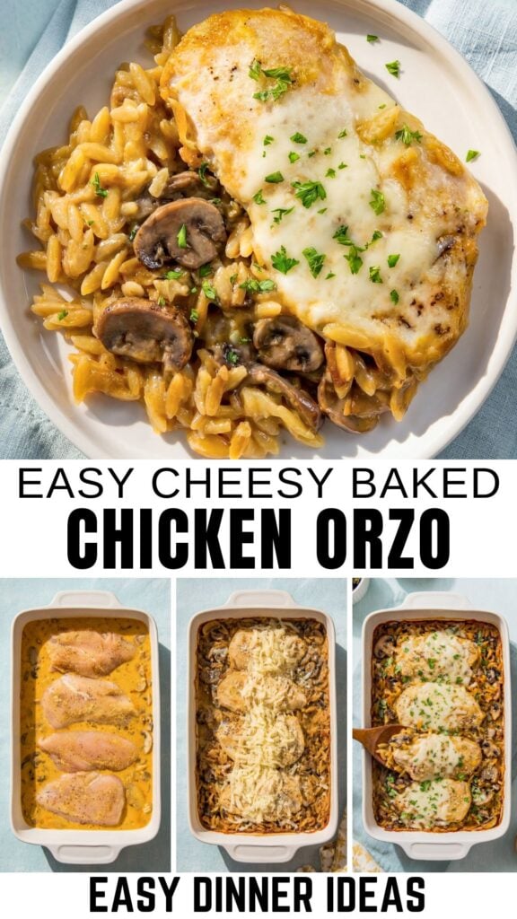 A serving of cheesy baked chicken with melty cheese on top of creamy mushroom orzo. Below, three steps show chicken in a baking dish: raw, topped with cheese, and fully baked.