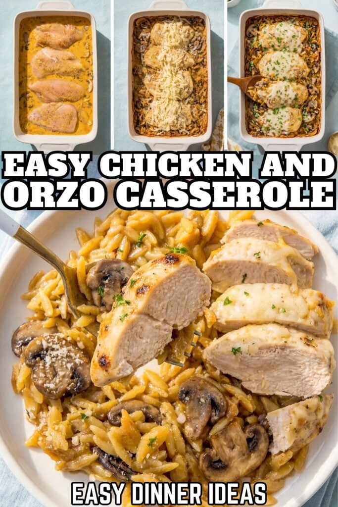 Overhead view of an easy chicken and orzo casserole in four stages: raw chicken in a pan, chicken with orzo before and after baking, and a close-up serving with mushrooms.
