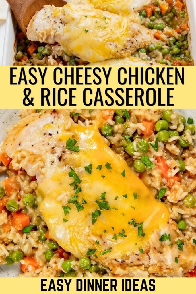 A cheesy chicken and rice casserole with peas and carrots, topped with melted cheese and garnished with parsley.