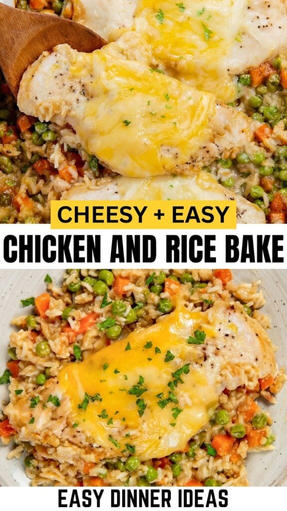Cheesy easy chicken and rice casserole with melted cheese on top, served over a bed of rice, peas, carrots, and corn. The dish is garnished with chopped herbs.