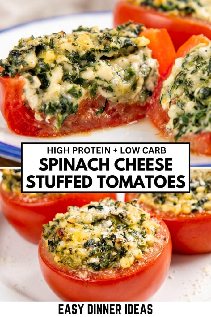 Close-up of baked stuffed tomatoes with a creamy spinach and cheese mixture, topped with parmesan cheese.