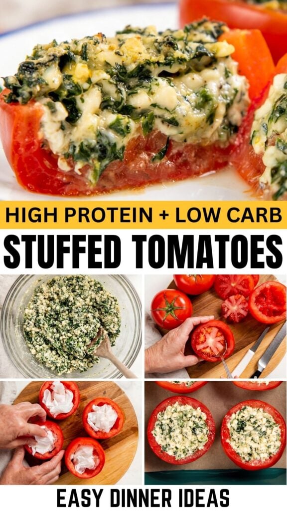 Collage showing steps to make stuffed tomatoes: cooked stuffed tomato close-up, bowl of spinach-cheese mixture, tomatoes being hollowed, lined tomato shells, and filled shells ready to bake.
