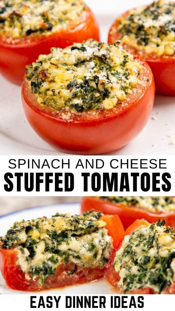 Close-up of stuffed tomatoes with a creamy spinach and cheese mixture, baked and placed on a white plate. Then showing the stuffed tomato cut in half to show the creamy spinach filling inside.