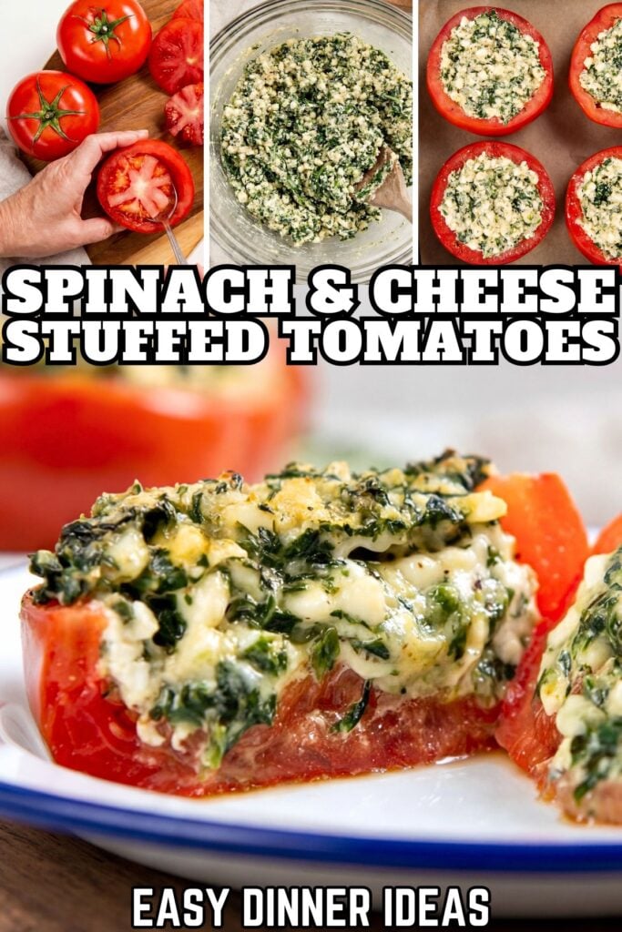 A collage shows tomatoes being cut, spinach and cheese mixture, tomatoes stuffed before baking, and a close-up of baked spinach and cheese stuffed tomatoes.