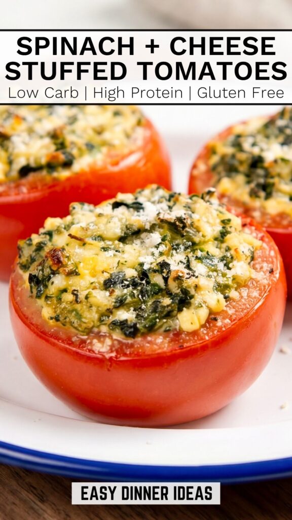 Three stuffed tomatoes filled with a creamy spinach and cheese mixture, baked until golden, are arranged on a white plate with a blue rim.