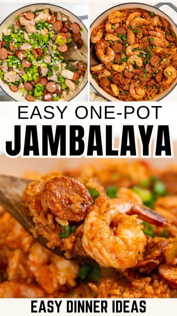 Three images of jambalaya: the first shows ingredients cooking in a pan, the second shows the finished jambalaya with shrimp and sausage, and the third is a close-up of a spoonful.